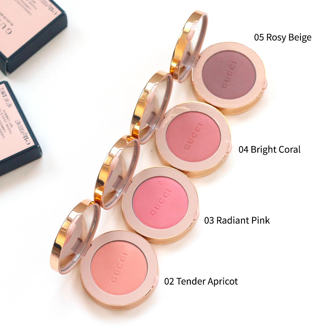 Gucci Blush de Beaute 4 shades flatlay labeled