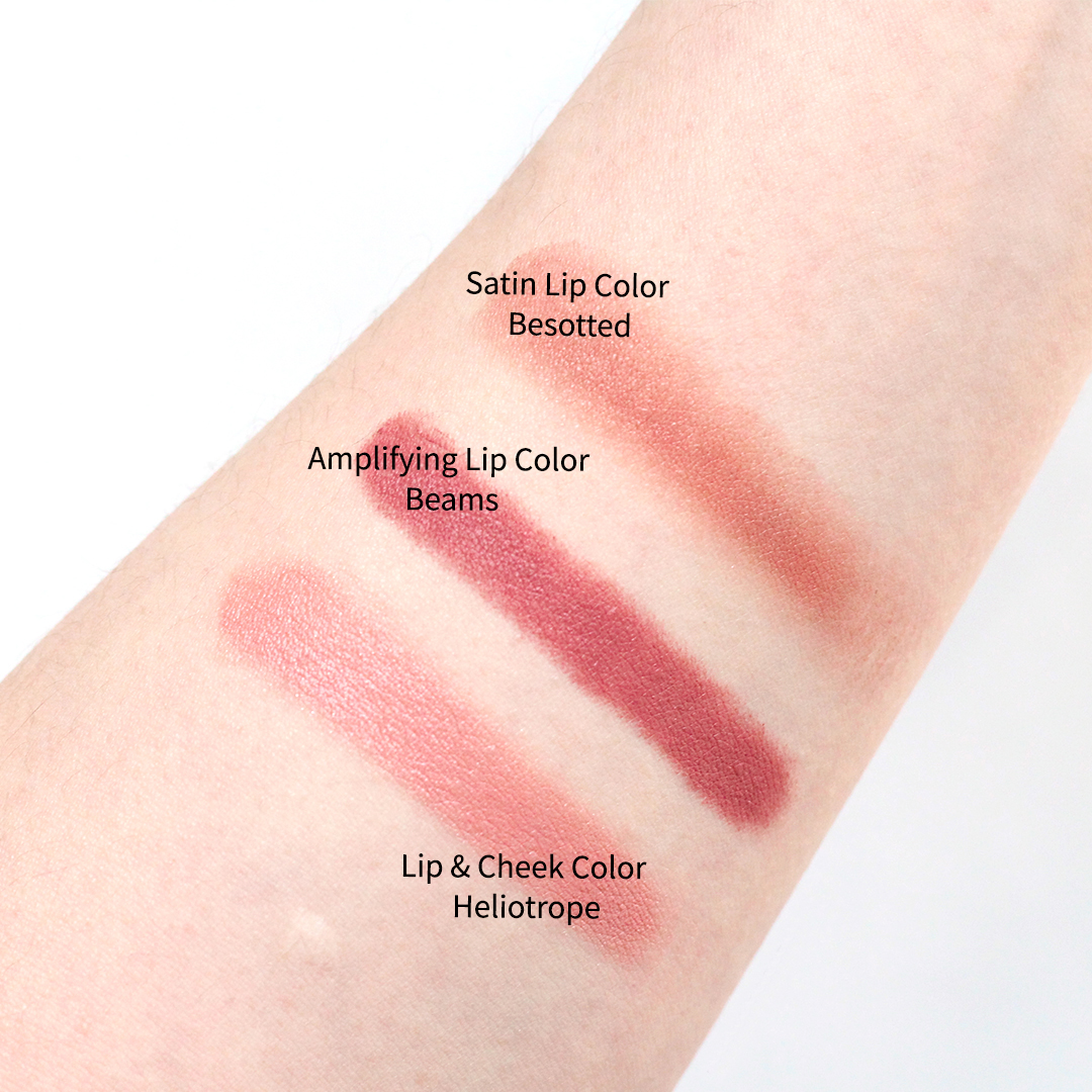 Rose Inc Tinted Serum Lip Color Blush swatches Heliptrope Beams Besotted