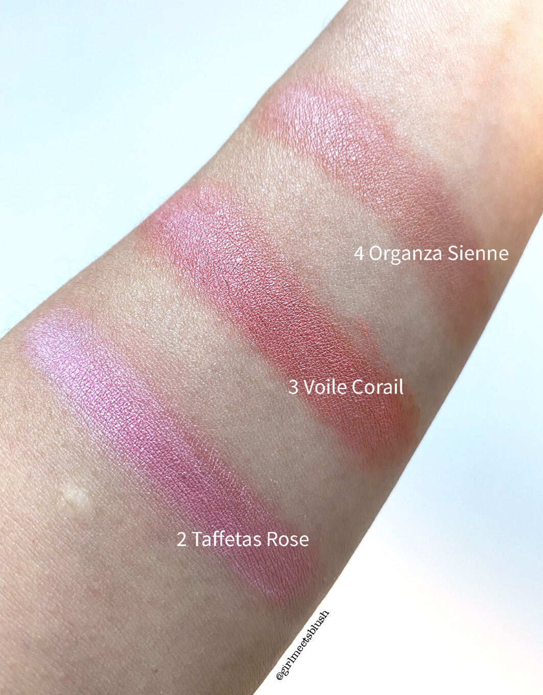 Givenchy Prisme Libre blushes 3 shades Taffetas Rose Voile Corail Organza Sienne swatches