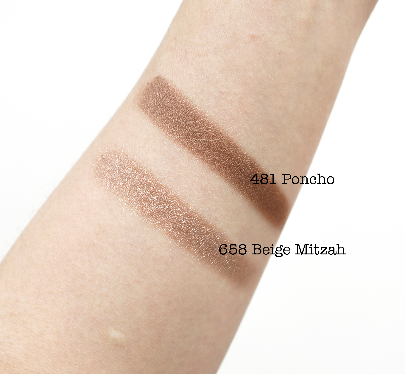 Dior Mono Couleur Couture Single Eyeshadows 481 Poncho and 658 Beige Mitzah swatched on arm